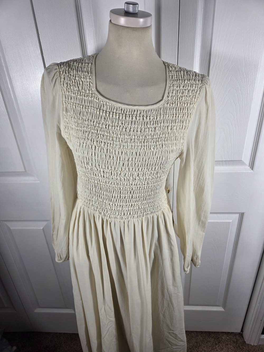 Bohme NWT Cream Smocked Midi Dress Long Sleeve Cottagecore M